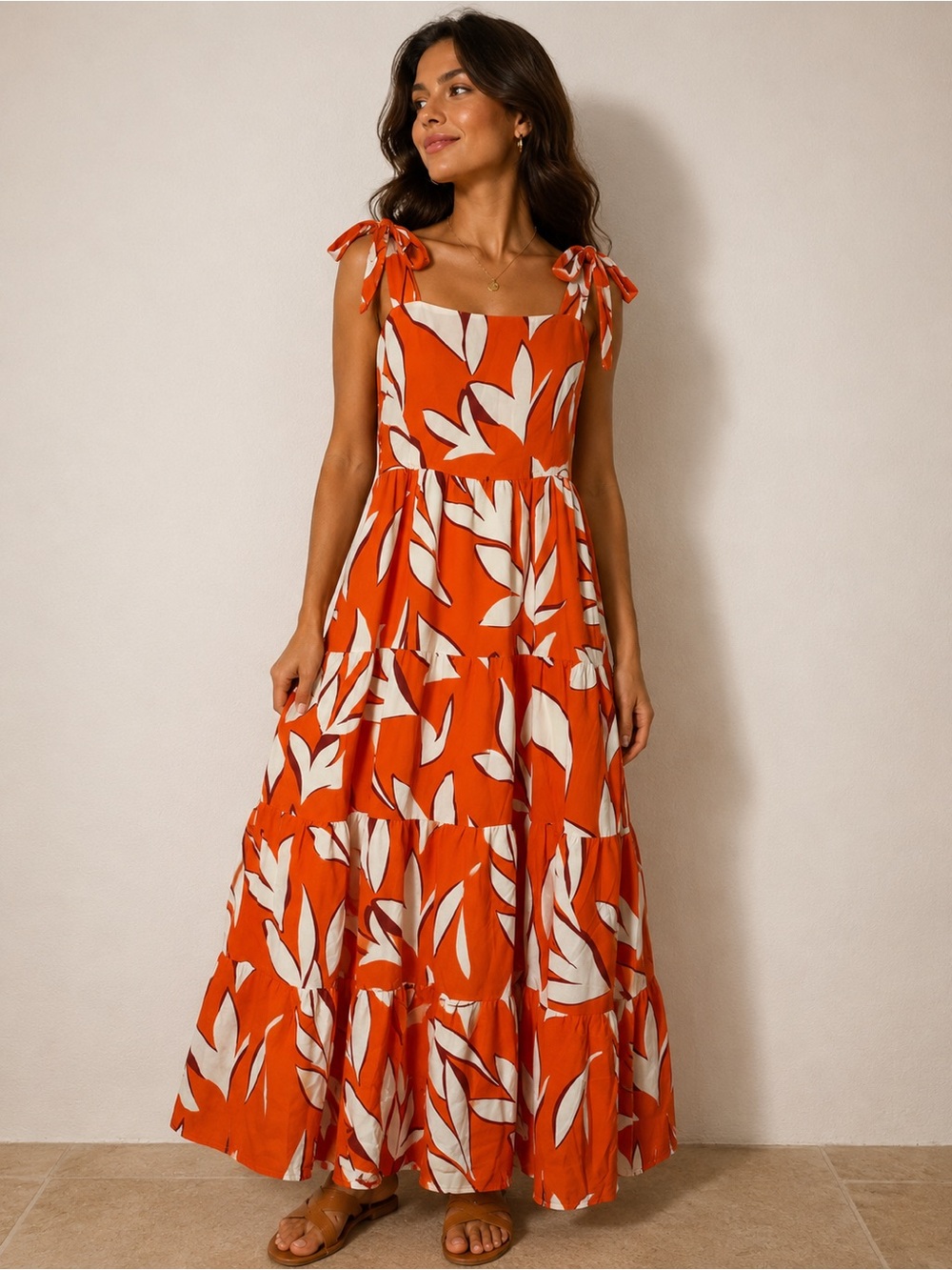 Orange Floral Tie-Shoulder Maxi Dress with Pockets